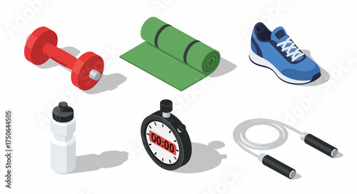 Isometric illustration of essential fitness and gym equipment set, including dumbbell, yoga mat, running shoe, water bottle, stopwatch, and jump rope, on a white background.