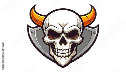 Skull with horns and shield. A menacing skull with horns and a shield
