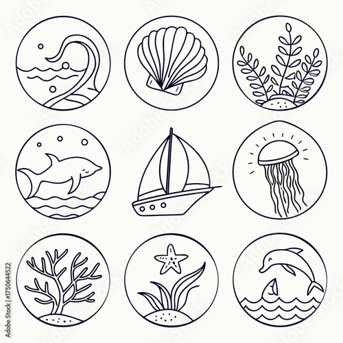 minimal line tattoo icons wave seashell and fish clipart set.svg