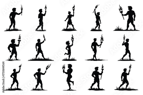 Silhouettes of men holding flaming torches in various poses