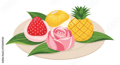 A delightful assortment of sweet treats arranged on a platter with fresh green leaves.
