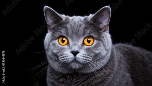 Striking grey cat portrait black background high-resolution image studio environment close-up view animal photography