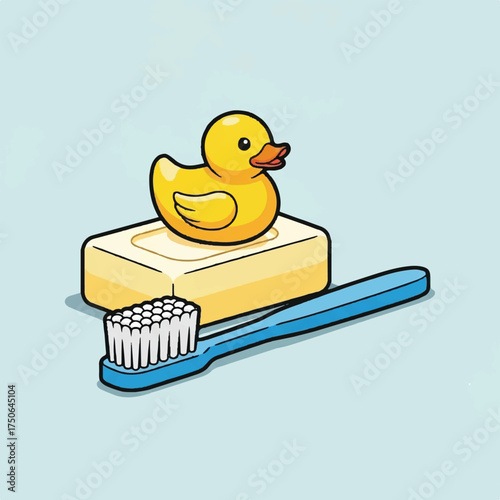 A cute bathroom setup featuring a toothbrush, soap, and a duck doll.