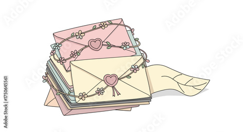 A stack of decorated envelopes with hearts and floral patterns tied with a ribbon suggesting romantic correspondence or special occasion messages.