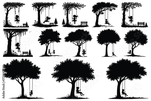 Silhouette children playing on swings under trees vector