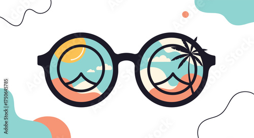 Stylish round eyeglasses reflecting a vibrant tropical island scene under a bright sunny sky.