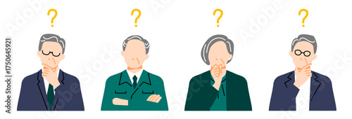 疑問に思う様々な業種のシニア世代の管理職の表情イラスト。フラットデザイン。
