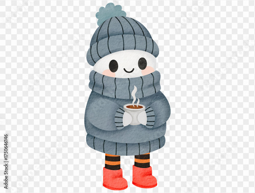 Cute watercolor ghost holding coffee cup wearing winter hat cozy Halloween illustration vector.