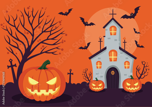 Spooky Halloween night with grinning pumpkins, haunted churches, and bats flying in the moonlight.