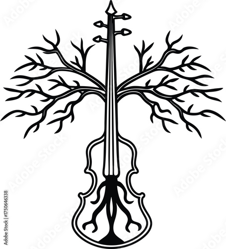 Violin Shaped Tree Roots Line Art Illustration