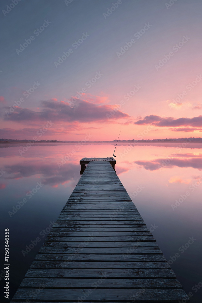 Fototapeta premium A serene view of a wooden pier extending into a calm lake reflecting a pastel pink sunrise. Evokes peace, solitude, and the beauty of nature. Ideal for travel, mindfulness, or lifestyle content.