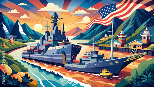 Very beautiful U.S. Navy ships in West Virginia, vector-style maritime scene with calm waters and patriotic elegance.