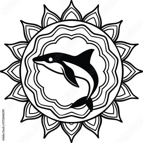 Whale Leaping Across Mandala Waves Line Art Illustration
