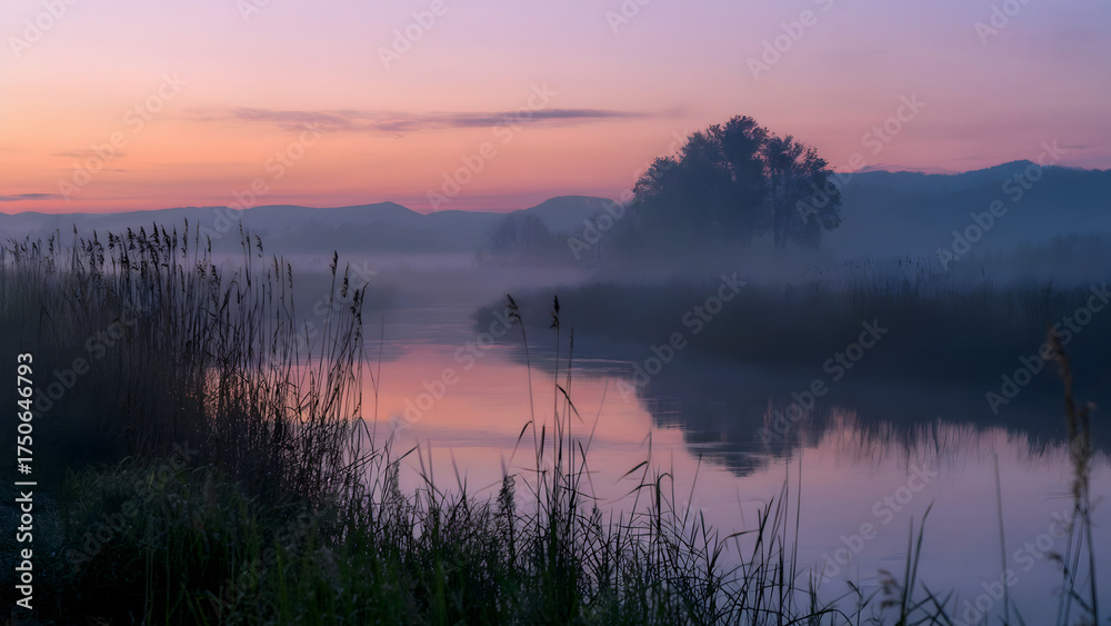 custom made wallpaper toronto digitalMorning Reflection on Foggy River with Silhouetted Mountains and Lush Tall Grasses - landscape serenity