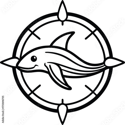 Whale Swimming Around Compass Line Art Illustration