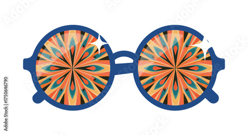 Retro round glasses with a vibrant psychedelic floral pattern on the lenses and sparkling accents.