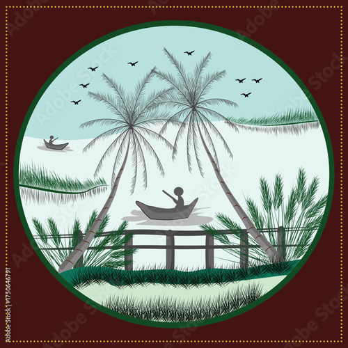 Serene wall art depicting a peaceful riverside scene with two people rowing boats beneath tall coconut trees. Birds fly across the soft sky, while lush green grass and gentle water evoke calm natural.