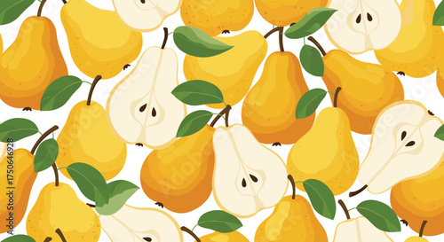 A vibrant pattern of yellow pears and pear slices with green leaves.