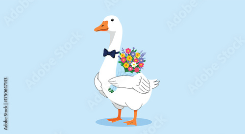 A dapper goose in a suit and bowtie carries a beautiful bouquet of colorful flowers.