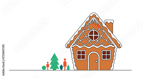 A charming gingerbread house decorated with festive icing and surrounded by small trees and figures.