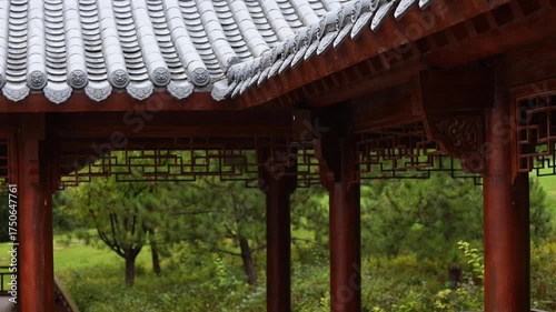 Raindrops dripped from the roof tiles