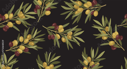 A repeating pattern of olive branches with ripening fruits on a dark background.