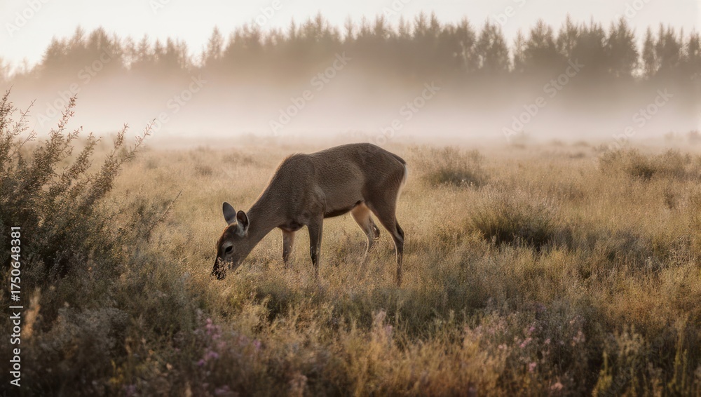 Fototapeta premium Mule Deer Grazing in Misty Meadow at Sunrise.
