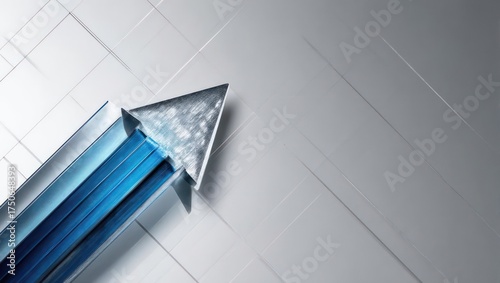Upward Arrow Made of Blue and Silver Material on a Light Gray Background.