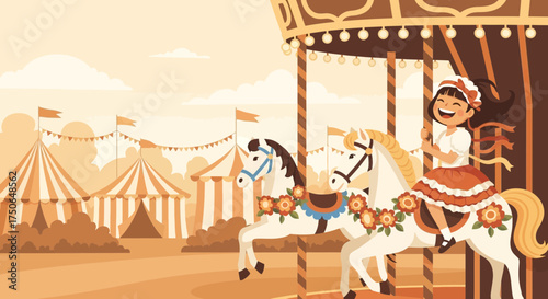 Nostalgic fairground joy: Smiling girl rides carousel horse amid festive tents