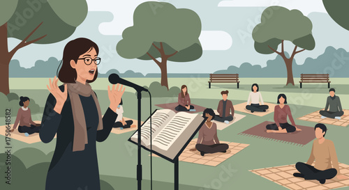 Open-air gathering for a public reading and meditation session in the park