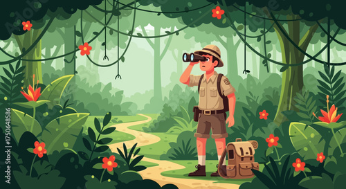 Enthusiastic young explorer using binoculars, amidst vibrant flora and verdant jungle foliage