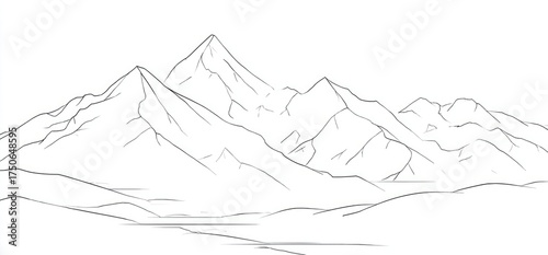 A black and white line drawing depicting a mountain range with varying peaks and valleys