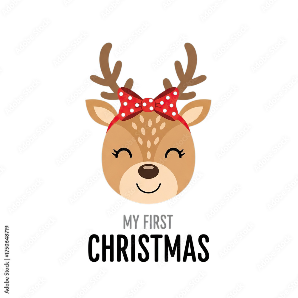Fototapeta premium Cute reindeer with red polka dot bow isolated on transparent background for christmas