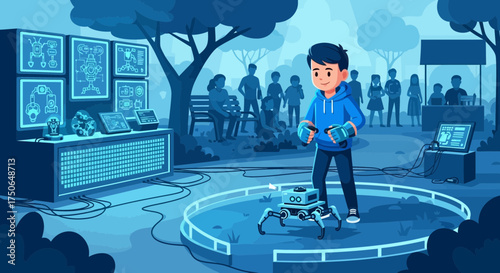 Young innovator demonstrates robotic technology at a science fair demonstration in a park