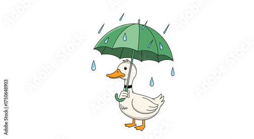 A cute duck wearing a bow tie holds a green umbrella to shield itself from the falling rain.