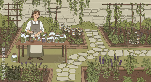 Herbalist preparing plant extracts in her garden amidst rows of cultivated herbs