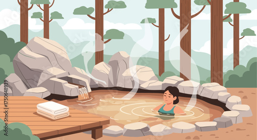 Serene forest hot spring escape: Woman relaxing in an outdoor natural bath