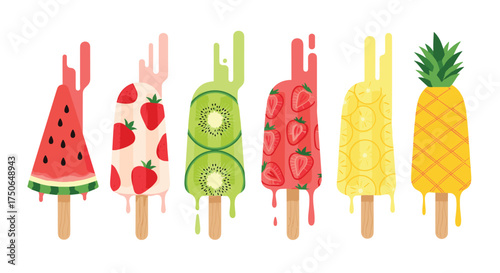 A refreshing assortment of colorful frozen fruit popsicles melting in the summer sun.