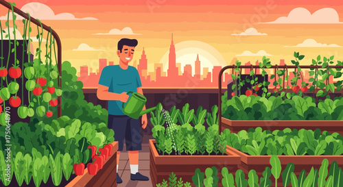 Urban rooftop gardening at sunset featuring a man watering plants with skyline