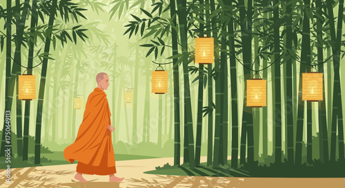 Monk in Tranquil Bamboo Forest with Hanging Lanterns, Vector Illustration