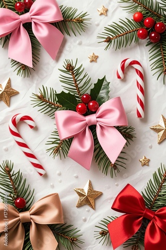 Photorealistic Christmas pattern with silk bows (pink, red, tan), real pine fronds, glossy holly berries, sugar-coated candy canes, metallic stars on soft off-white dotted fabric