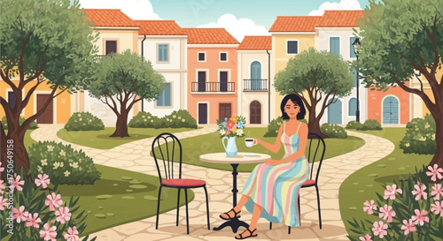 Tranquil italian escape, woman enjoying coffee in charming outdoor cafe