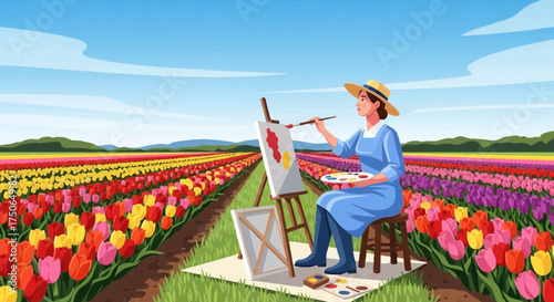 Artist capturing the essence of a vibrant tulip field on canvas in serene atmosphere