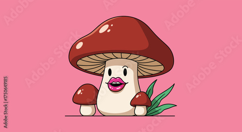 A whimsical mushroom character with striking lips stands prominently on a soft pink background.