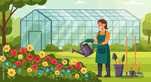 A serene gardening scene with a woman watering flowers near a greenhouse