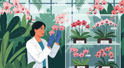 Orchid research and cultivation in greenhouse laboratory settings by a scientist