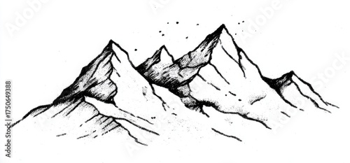 A pen and ink drawing of a mountain range, with jagged peaks, set against a white background