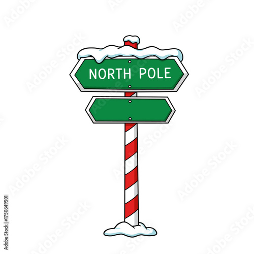 A cartoon illustration of a North Pole signpost covered in snow, with blank signage.