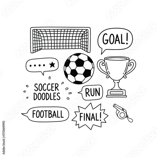 Hand drawn soccer football elements goal trophy ball whistle speech bubbles vector