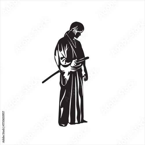 The samurai is standing upright